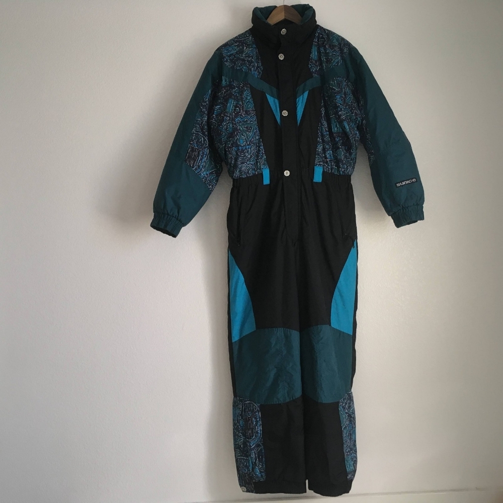 Vintage Sunice Great Canadian Rockies zip ski suit, black/blue/green, L/XL